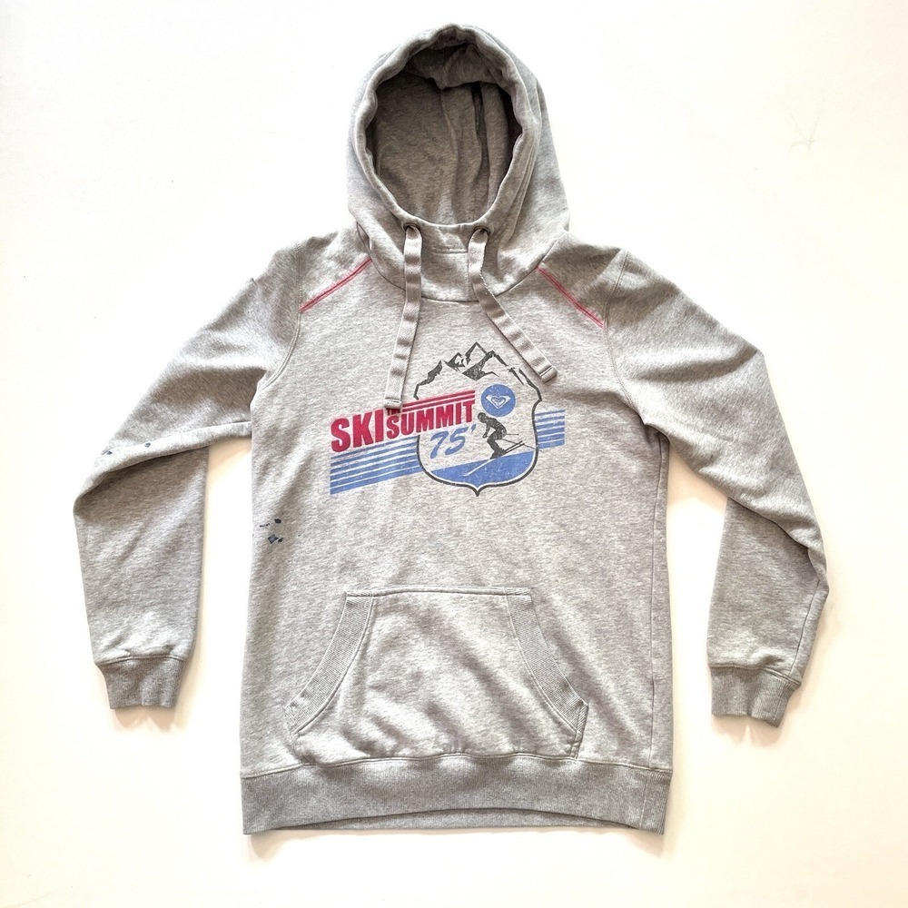 Roxy Hoodie Women's Large Gray Pullover Ski Summit 75 Graphic Casual Sweatshirt